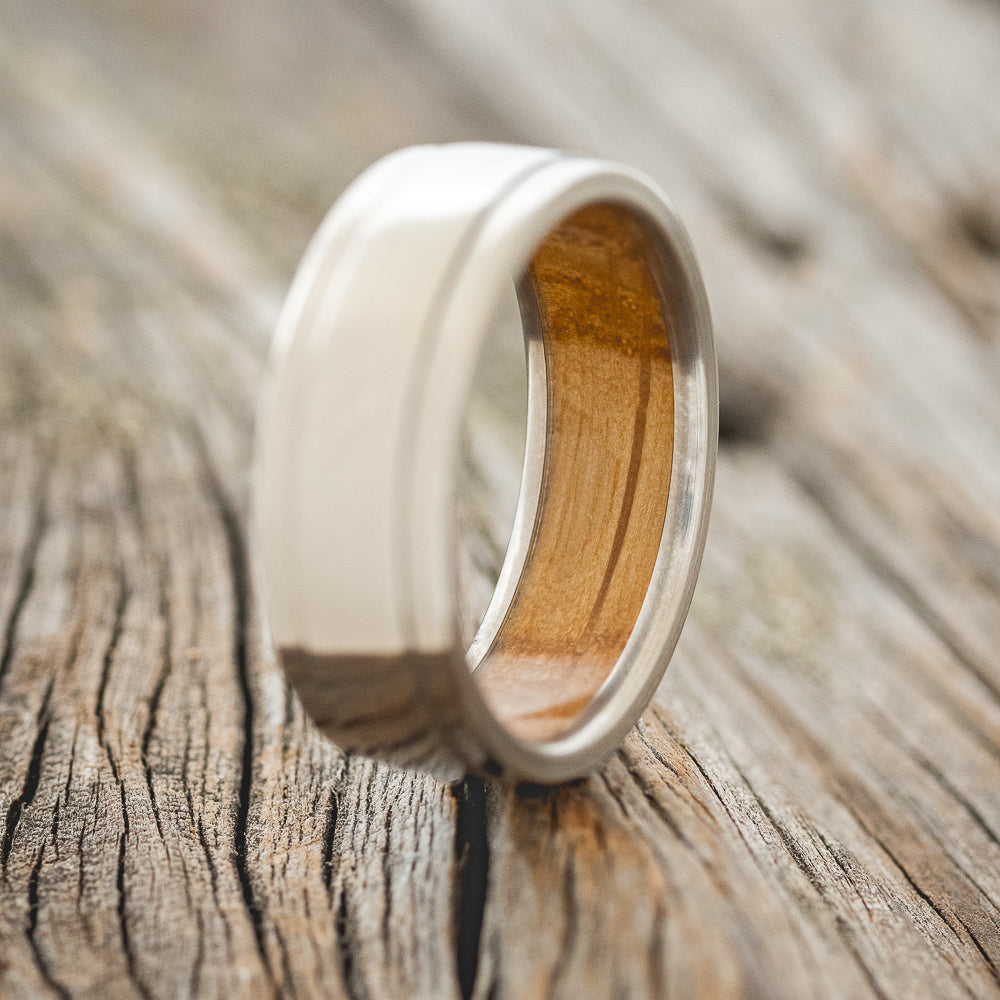 "SEDONA" - RAISED CENTER WEDDING BAND WITH WHISKEY BARREL LINING-2
