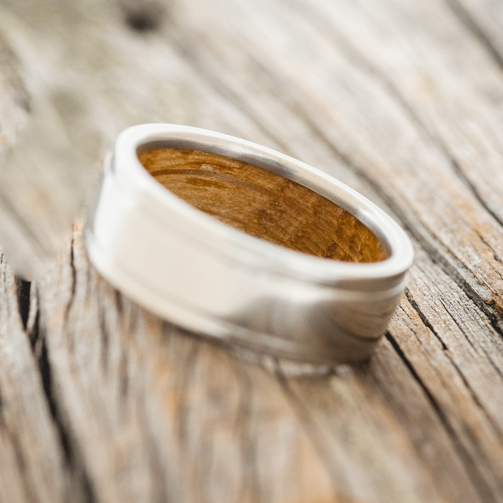"SEDONA" - RAISED CENTER WEDDING BAND WITH WHISKEY BARREL LINING-4