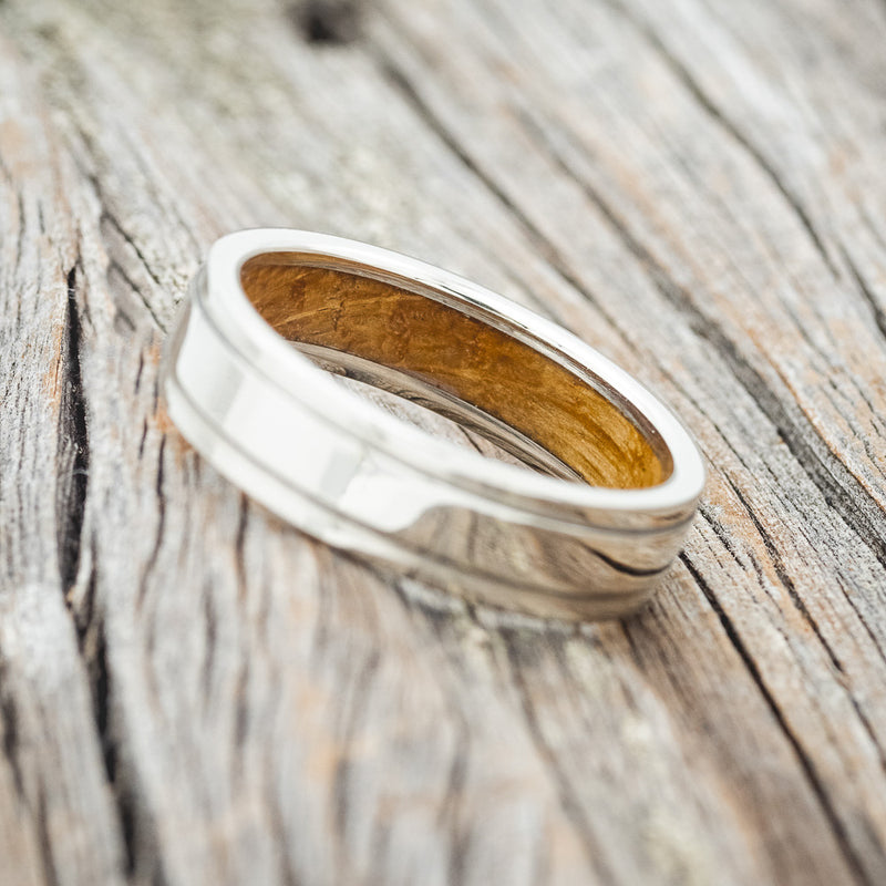 "SEDONA" - RAISED CENTER WEDDING RING FEATURING A WHISKEY BARREL LINED 14K GOLD BAND-4