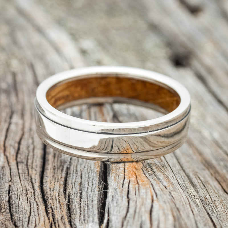 "SEDONA" - RAISED CENTER WEDDING RING FEATURING A WHISKEY BARREL LINED 14K GOLD BAND-8