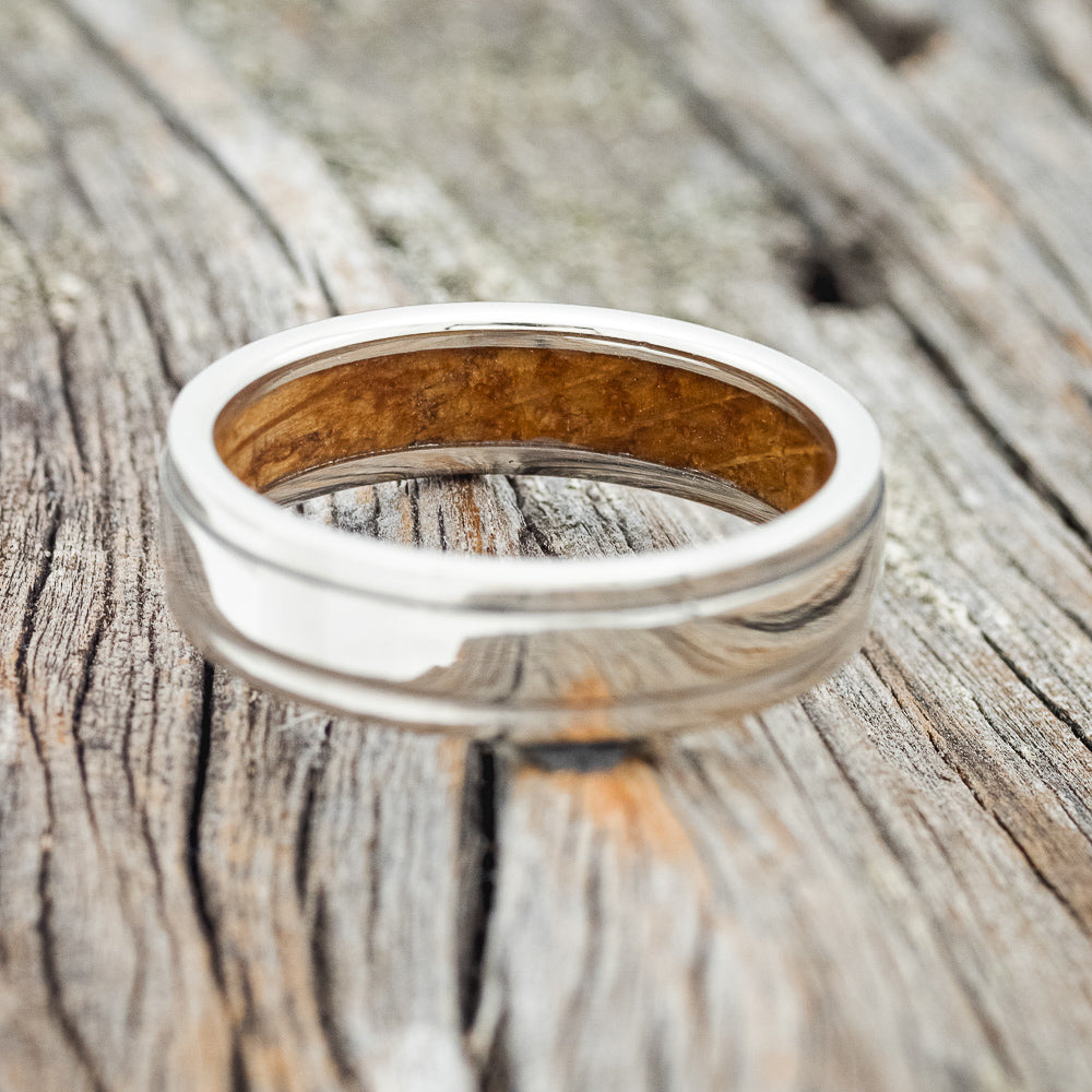 "SEDONA" - RAISED CENTER WEDDING RING FEATURING A WHISKEY BARREL LINED 14K GOLD BAND-7