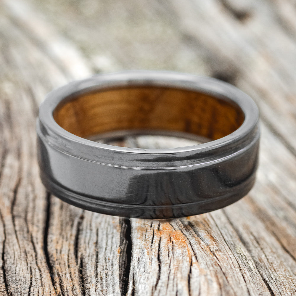 "SEDONA" - RAISED CENTER WEDDING BAND WITH WHISKEY BARREL LINING-10