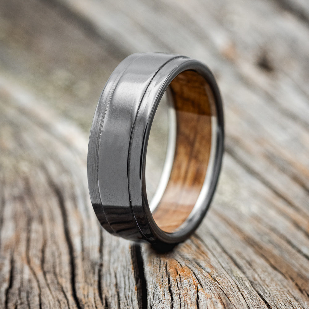 "SEDONA" - RAISED CENTER WEDDING BAND WITH WHISKEY BARREL LINING-7