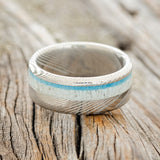"CASTOR" - ELK ANTLER & TURQUOISE WEDDING RING FEATURING A DAMASCUS STEEL BAND