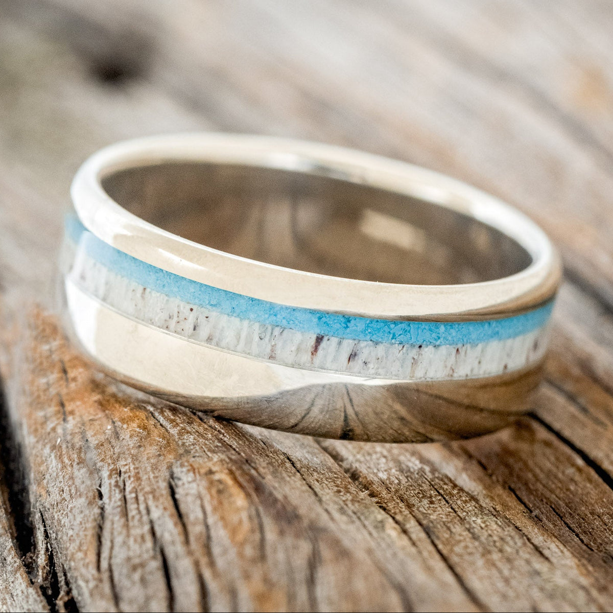 "CASTOR" - ELK ANTLER & TURQUOISE WEDDING BAND-14