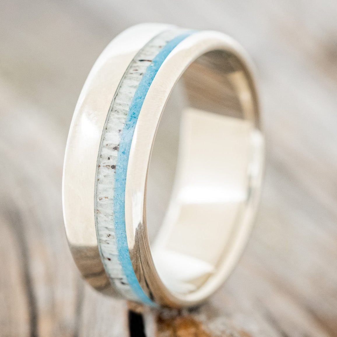 "CASTOR" - ELK ANTLER & TURQUOISE WEDDING BAND-13