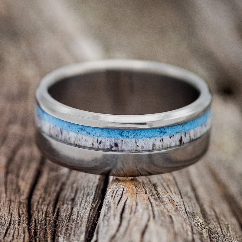 "CASTOR" - MATCHING SET OF ANTLER & TURQUOISE WEDDING BANDS-6