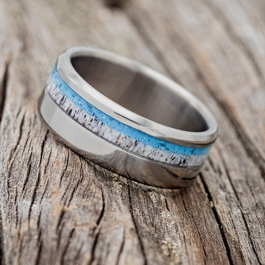 "CASTOR" - ELK ANTLER & TURQUOISE WEDDING BAND-2