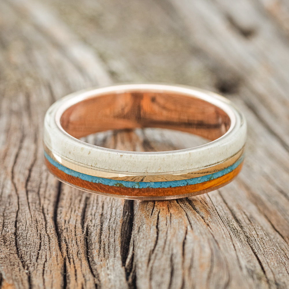 "ARGOS" - ANTLER, 14K GOLD, TURQUOISE, & WHISKEY BARREL OAK WEDDING BAND-3