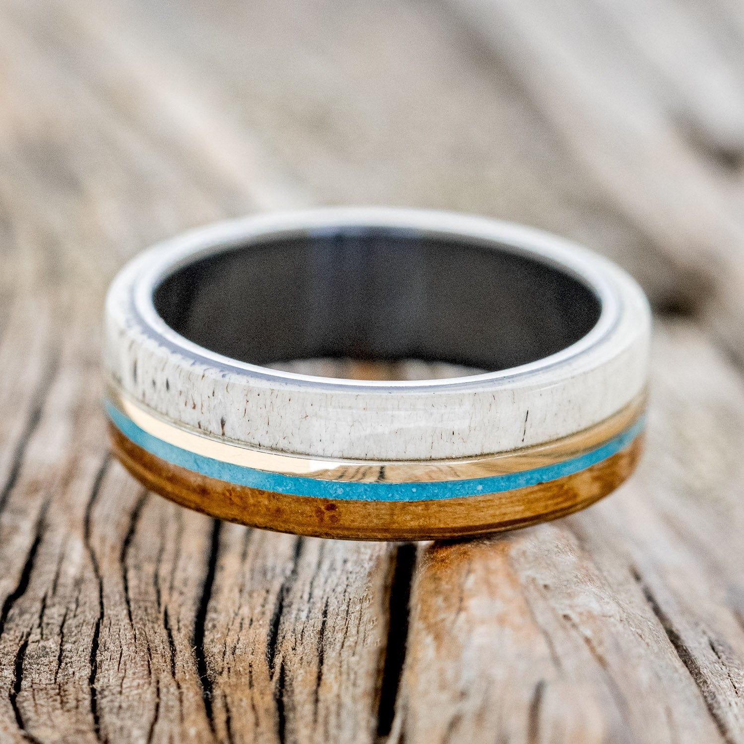 "ARGOS" - WHISKEY BARREL OAK, TURQUOISE, ANTLER & 14K GOLD INLAY WEDDING BAND-6