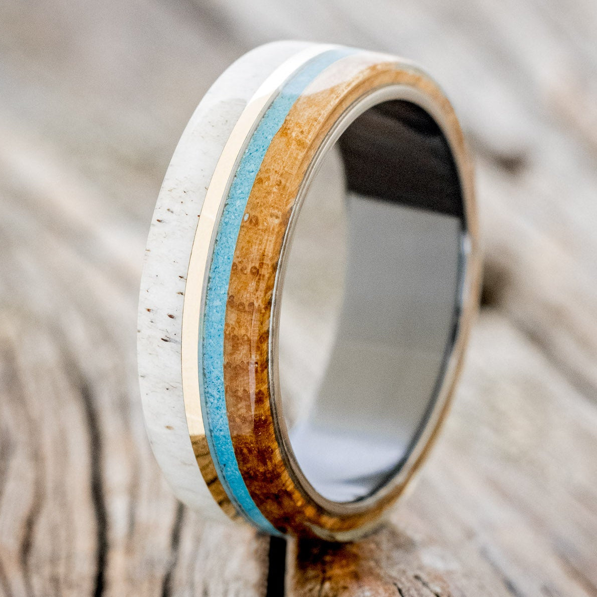 "ARGOS" - WHISKEY BARREL OAK, TURQUOISE, ANTLER & 14K GOLD INLAY WEDDING BAND-4