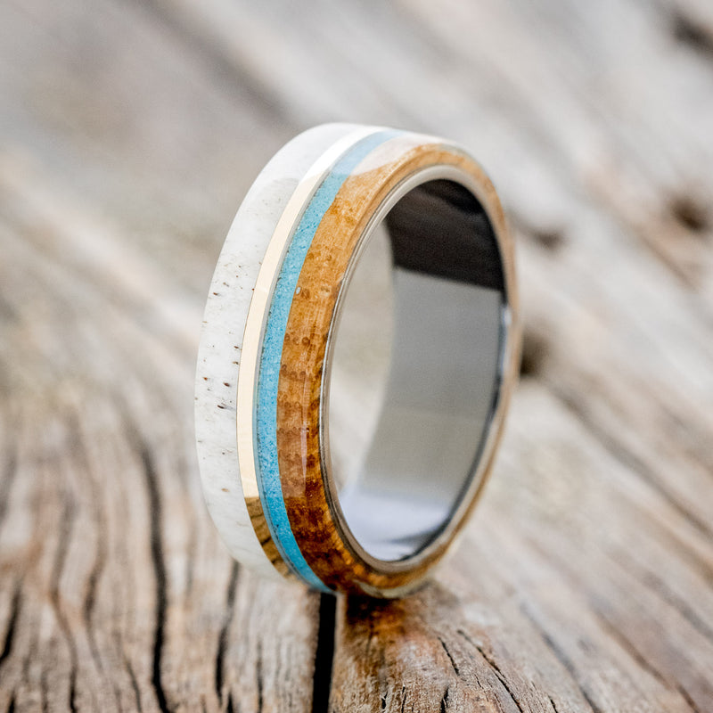 "ARGOS" - WHISKEY BARREL OAK, TURQUOISE, ANTLER & 14K GOLD INLAY WEDDING BAND-4