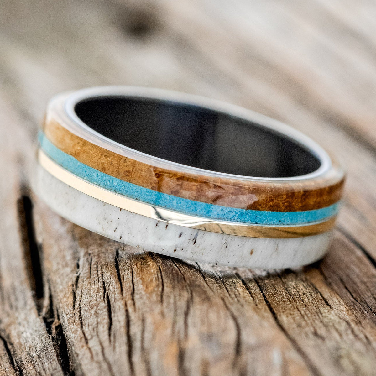 "ARGOS" - WHISKEY BARREL OAK, TURQUOISE, ANTLER & 14K GOLD INLAY WEDDING BAND-5
