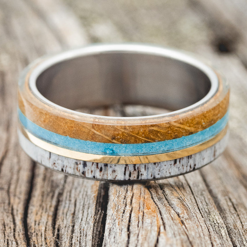 "ARGOS" - WHISKEY BARREL OAK, TURQUOISE, ANTLER & 14K GOLD INLAY WEDDING BAND-3