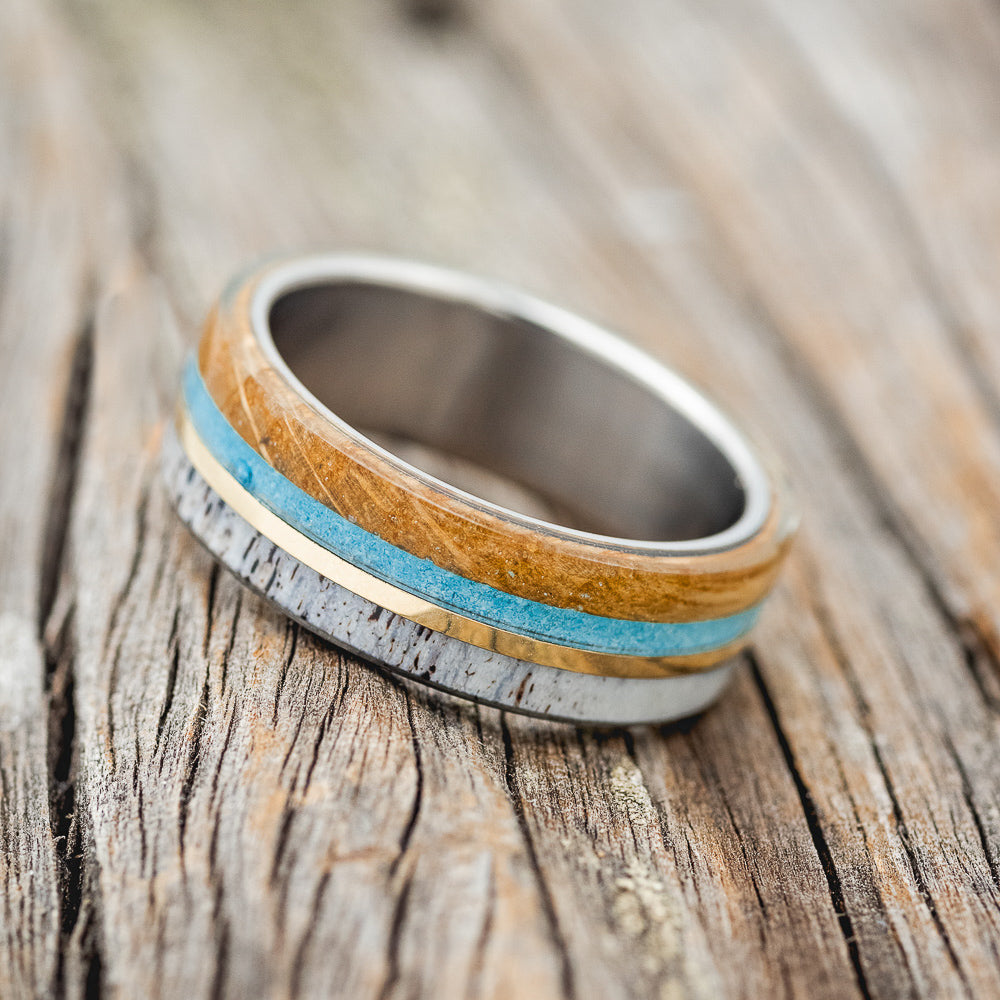 "ARGOS" - WHISKEY BARREL OAK, TURQUOISE, ANTLER & 14K YELLOW GOLD INLAY WEDDING BAND - TITANIUM - SIZE 10-2