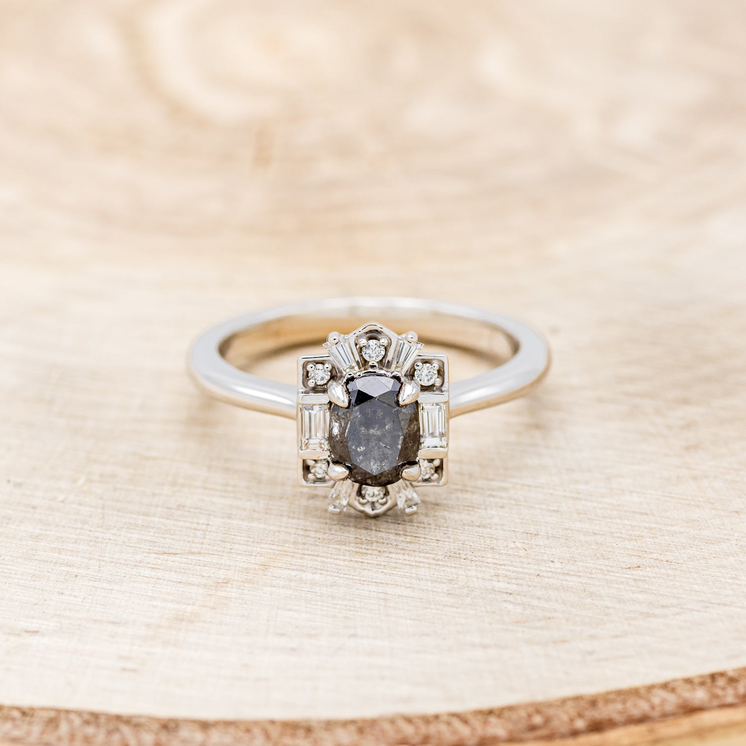 "CLEOPATRA" - OVAL SALT & PEPPER DIAMOND ENGAGEMENT RING WITH DIAMOND ACCENTS & TURQUOISE TRACER-7