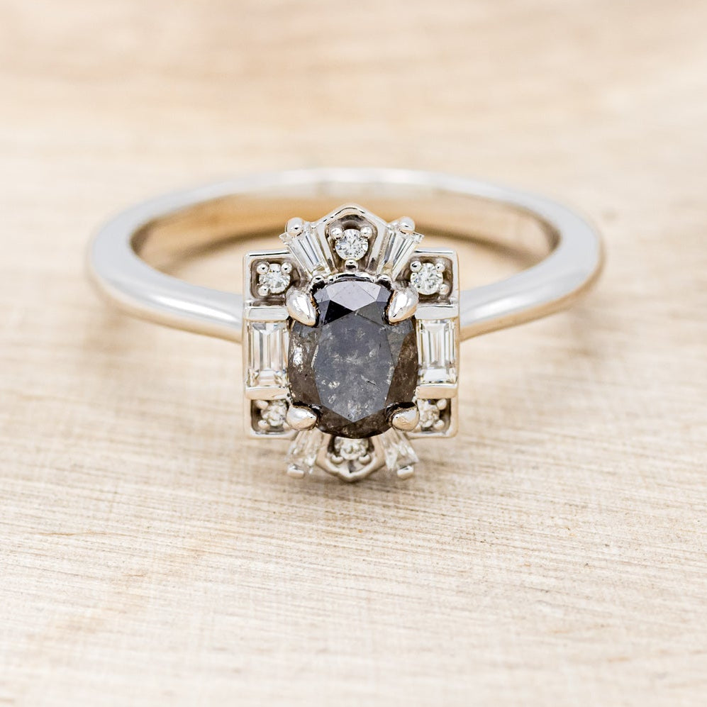 "CLEOPATRA" - OVAL SALT & PEPPER DIAMOND ENGAGEMENT RING WITH DIAMOND ACCENTS & TURQUOISE TRACER-7