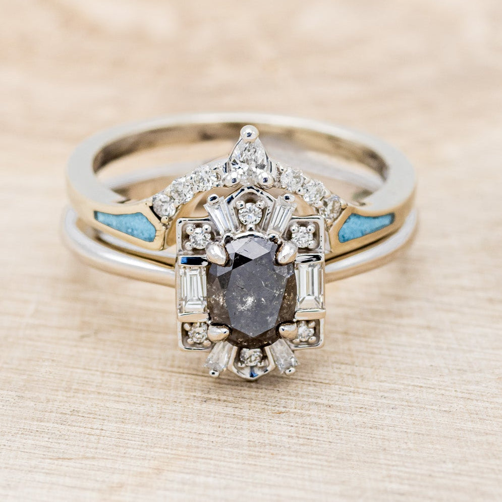 "CLEOPATRA" - OVAL SALT & PEPPER DIAMOND ENGAGEMENT RING WITH DIAMOND ACCENTS & TURQUOISE TRACER-4