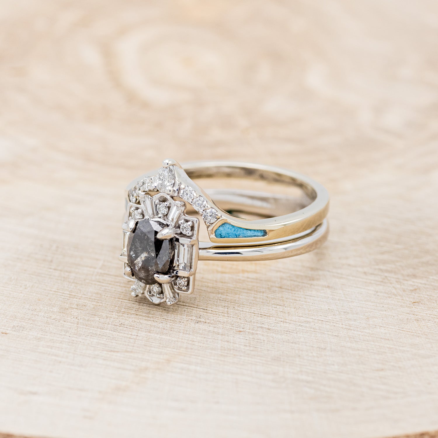 "CLEOPATRA" - OVAL SALT & PEPPER DIAMOND ENGAGEMENT RING WITH DIAMOND ACCENTS & TURQUOISE TRACER-3