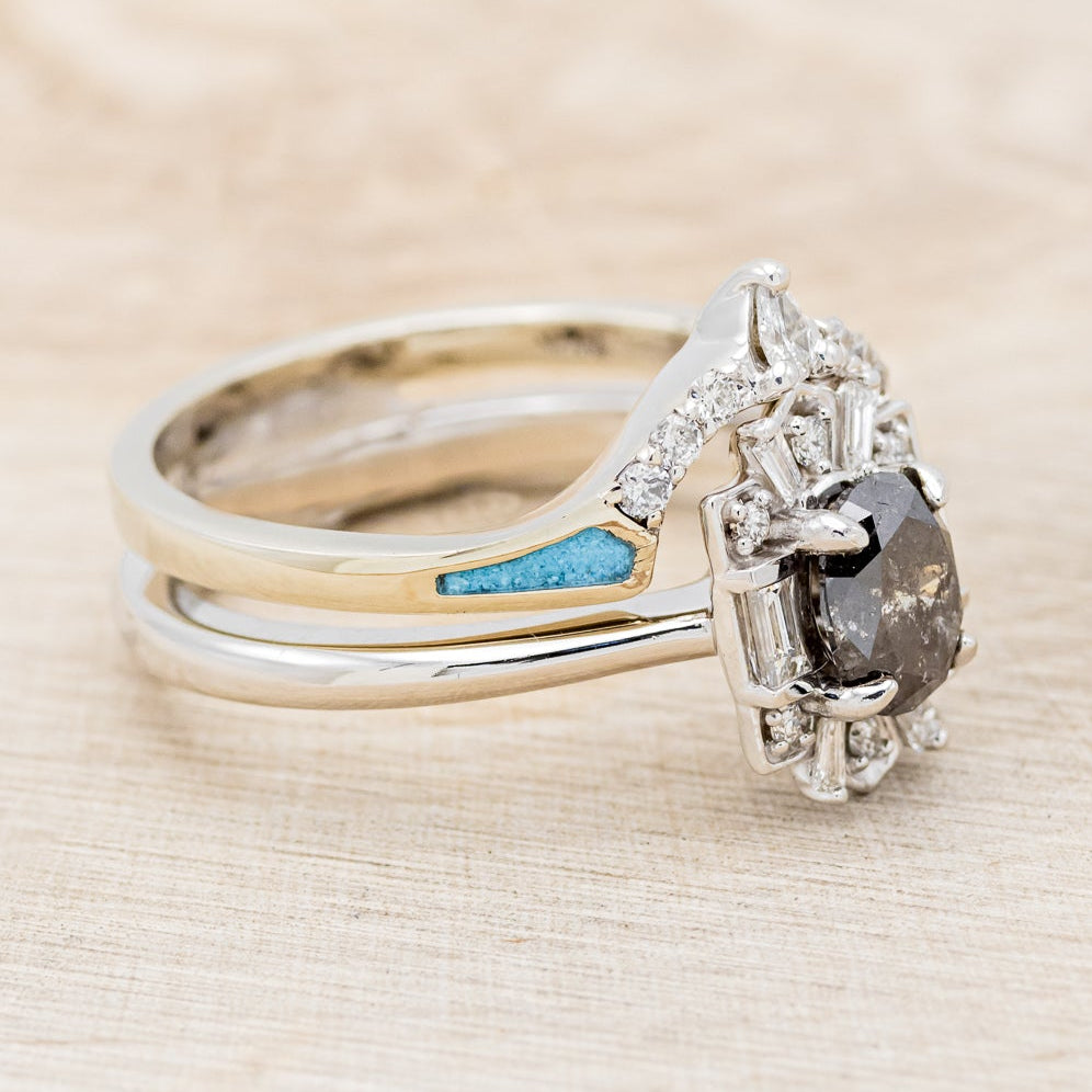 "CLEOPATRA" - OVAL SALT & PEPPER DIAMOND ENGAGEMENT RING WITH DIAMOND ACCENTS & TURQUOISE TRACER-2