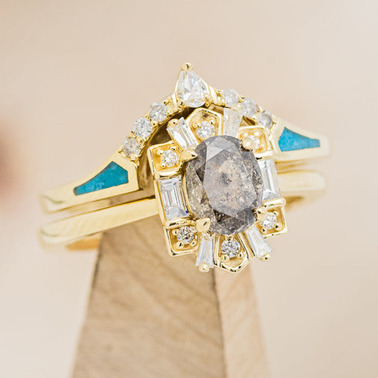 "CLEOPATRA" - OVAL SALT & PEPPER DIAMOND ENGAGEMENT RING WITH DIAMOND ACCENTS & TURQUOISE TRACER-10