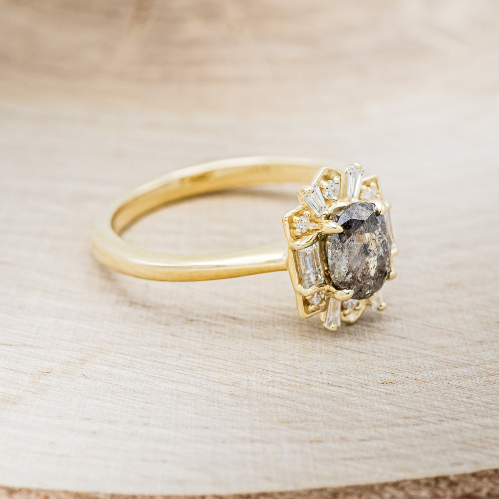 "CLEOPATRA" - OVAL SALT & PEPPER DIAMOND ENGAGEMENT RING WITH DIAMOND ACCENTS & TURQUOISE TRACER-16