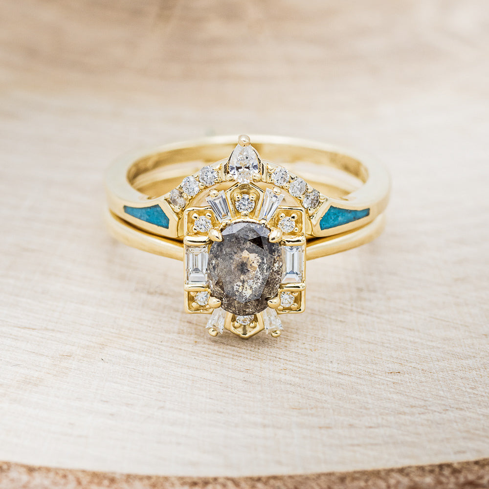 "CLEOPATRA" - OVAL SALT & PEPPER DIAMOND ENGAGEMENT RING WITH DIAMOND ACCENTS & TURQUOISE TRACER-13
