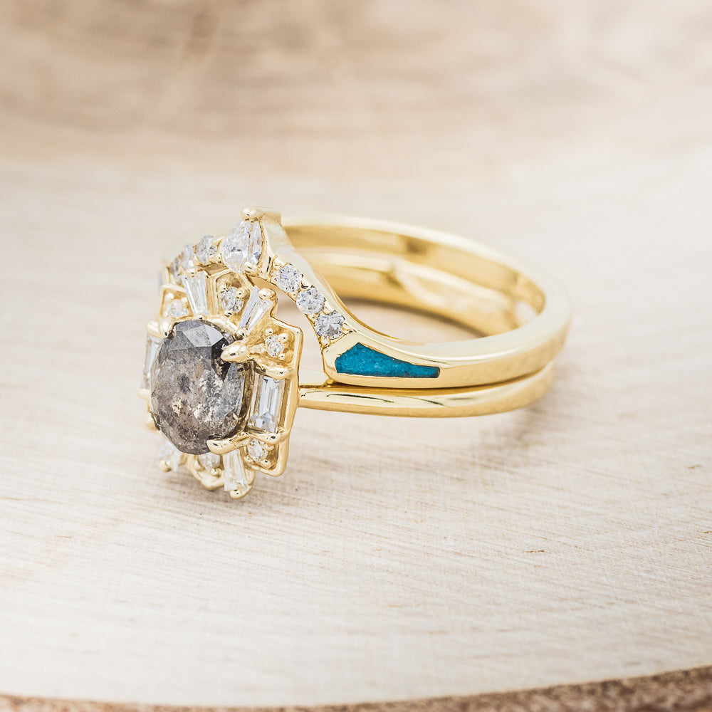"CLEOPATRA" - OVAL SALT & PEPPER DIAMOND ENGAGEMENT RING WITH DIAMOND ACCENTS & TURQUOISE TRACER-12