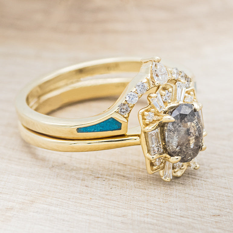 "CLEOPATRA" - OVAL SALT & PEPPER DIAMOND ENGAGEMENT RING WITH DIAMOND ACCENTS & TURQUOISE TRACER-11