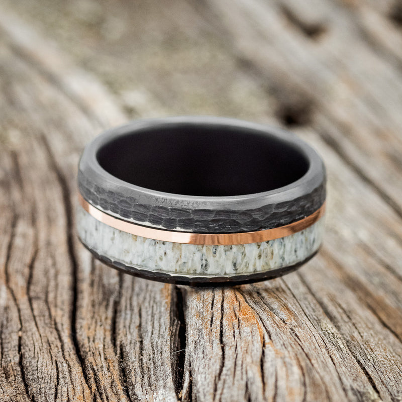 "TANNER" - ANTLER & 14K GOLD INLAY WEDDING RING FEATURING A HAMMERED BLACK ZIRCONIUM BAND
