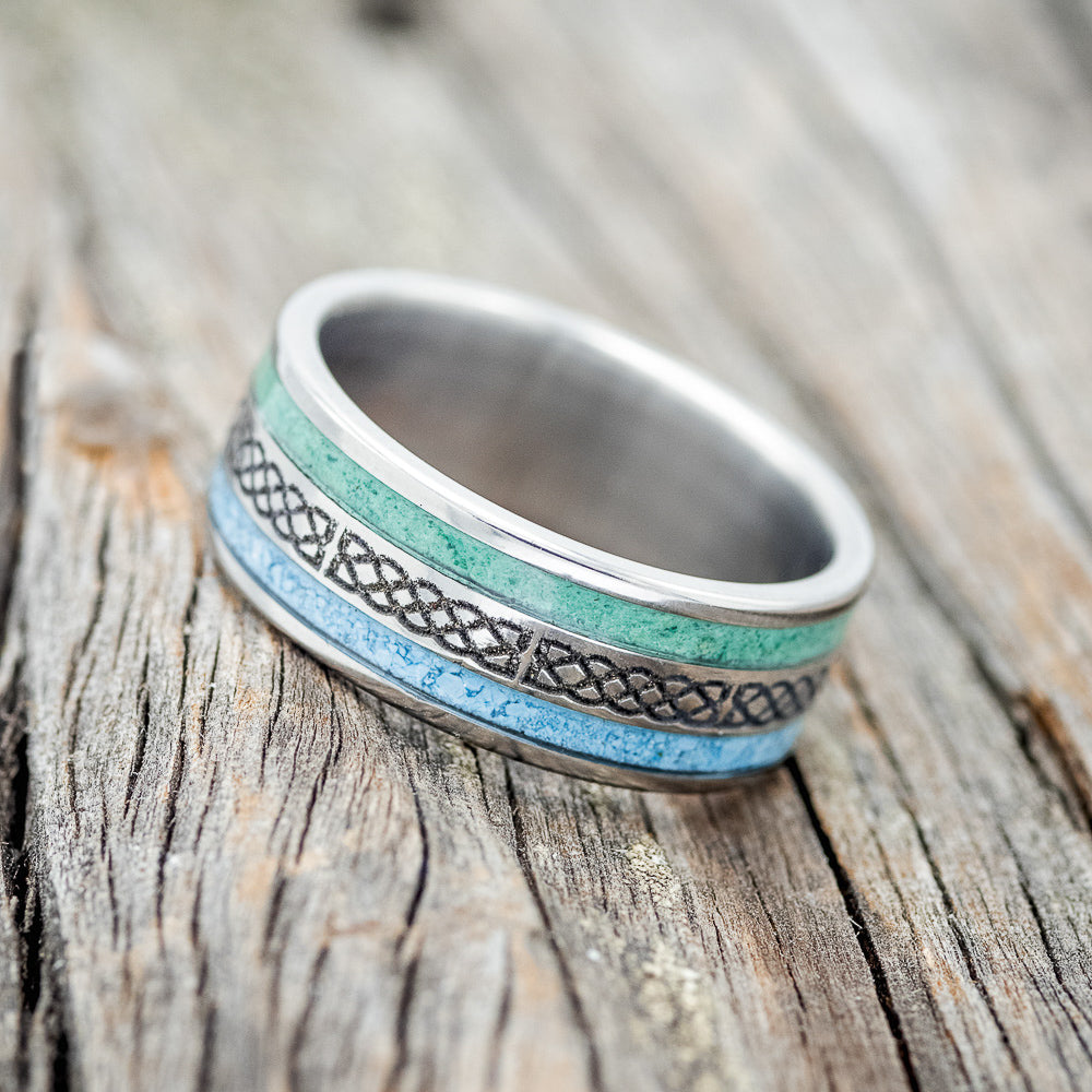 "RYDER" - CELTIC SAILOR'S KNOT ENGRAVED, MALACHITE & TURQUOISE WEDDING RING-2
