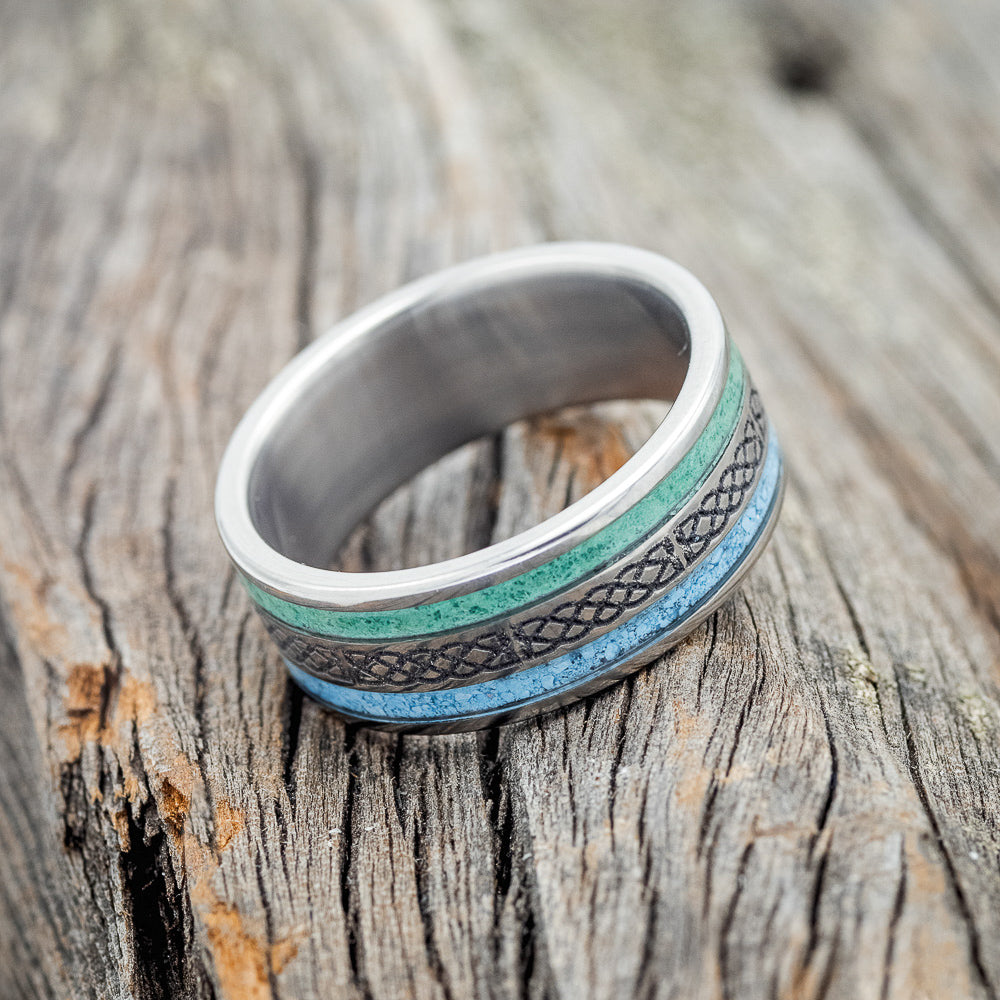"RYDER" - CELTIC SAILOR'S KNOT ENGRAVED, MALACHITE & TURQUOISE WEDDING RING-3