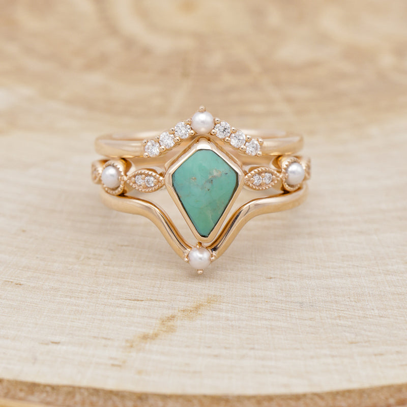 "BIANCA" - BRIDAL SUITE - KITE CUT TURQUOISE ENGAGEMENT RING WITH PEARLS & DIAMOND ACCENTS-2