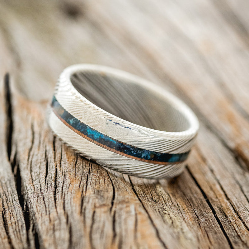 "NIRVANA" - CENTERED PATINA COPPER WEDDING RING FEATURING A DAMASCUS STEEL BAND