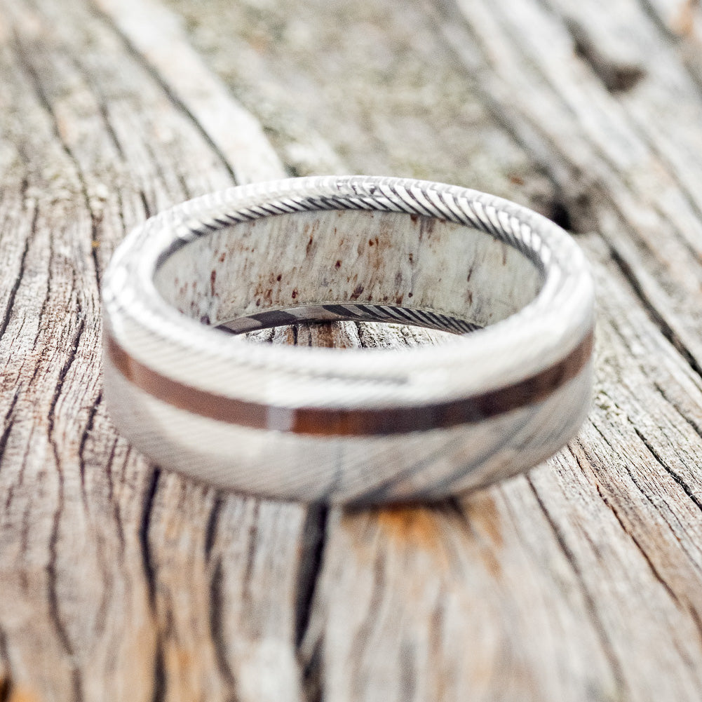 "VERTIGO" - IRONWOOD WEDDING RING WITH ANTLER LINED BAND-21