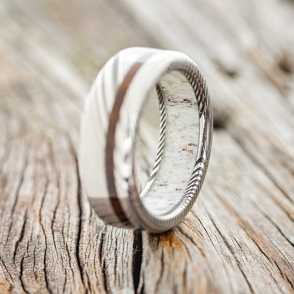 "VERTIGO" - IRONWOOD WEDDING RING WITH ANTLER LINED BAND-17