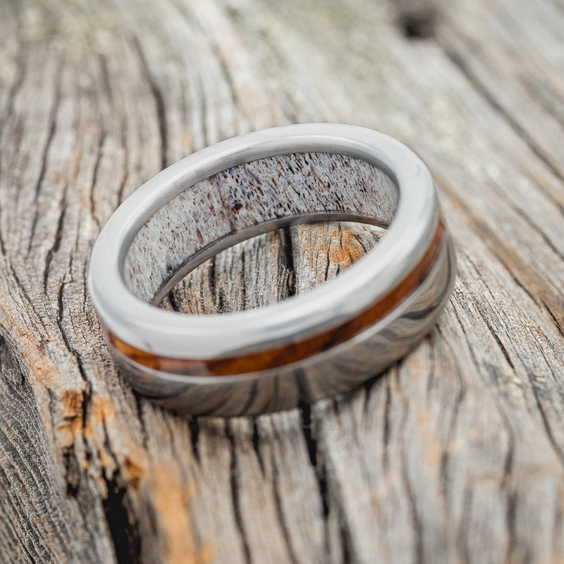 "VERTIGO" - IRONWOOD WEDDING RING WITH ANTLER LINED BAND-5