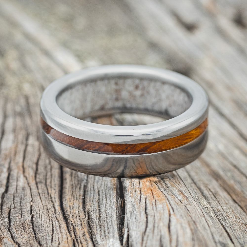 "VERTIGO" - IRONWOOD WEDDING RING WITH ANTLER LINED BAND-6
