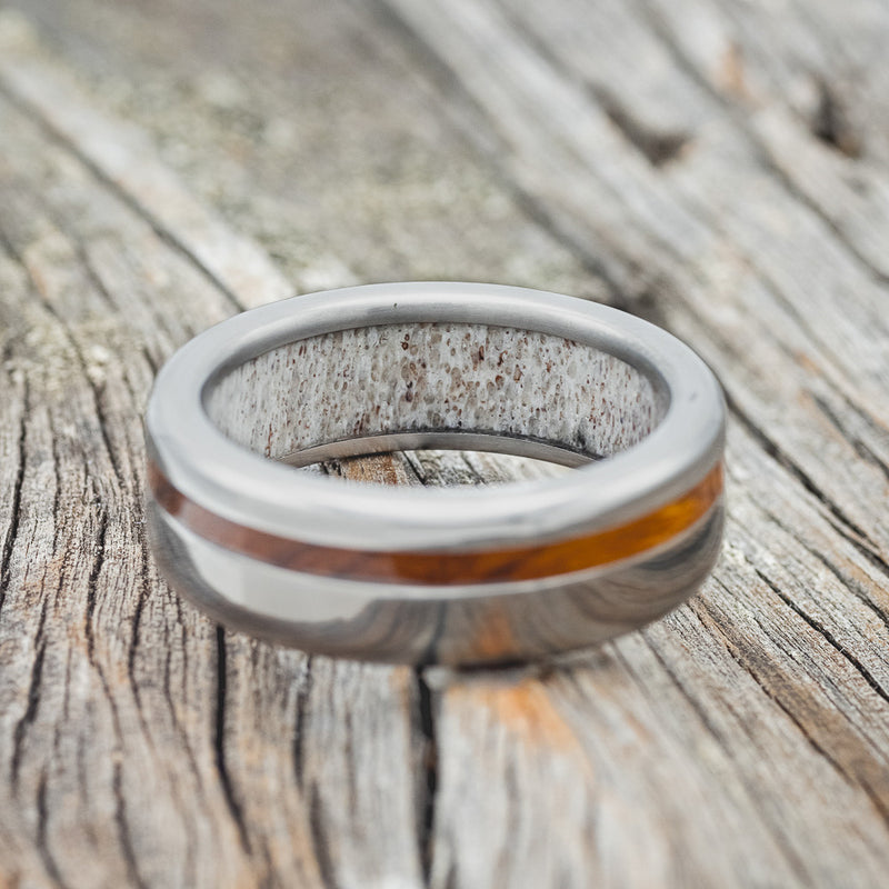 "VERTIGO" - IRONWOOD WEDDING RING WITH ANTLER LINED BAND - READY TO SHIP-7