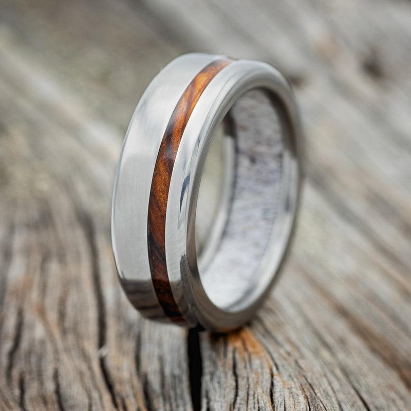 "VERTIGO" - IRONWOOD WEDDING RING WITH ANTLER LINED BAND - READY TO SHIP-1