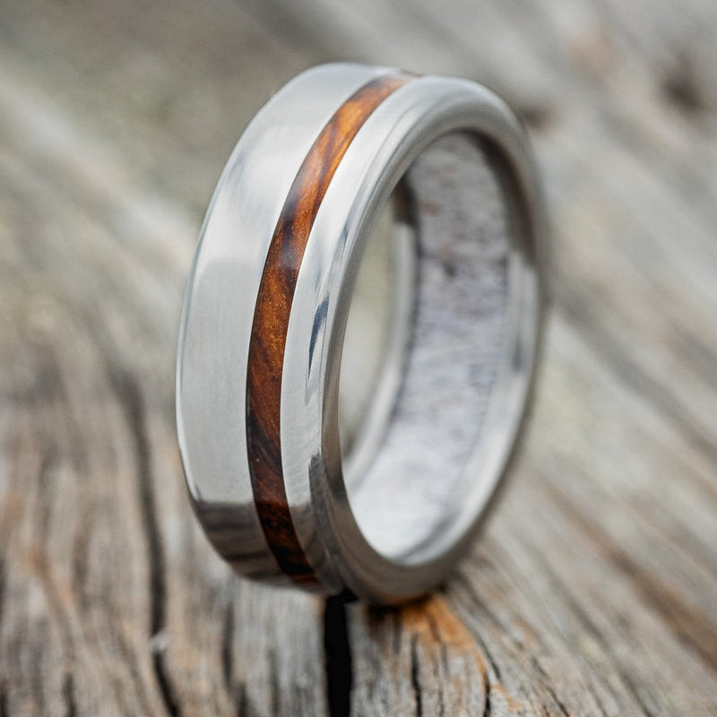 "VERTIGO" - IRONWOOD WEDDING RING WITH ANTLER LINED BAND-1