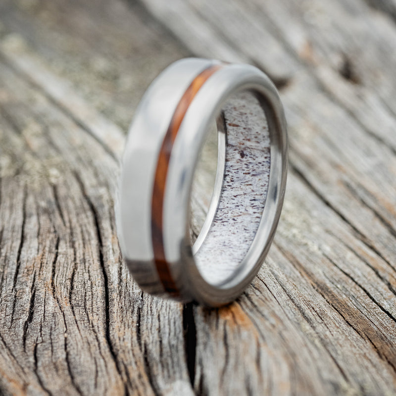 "VERTIGO" - IRONWOOD WEDDING RING WITH ANTLER LINED BAND - READY TO SHIP-2