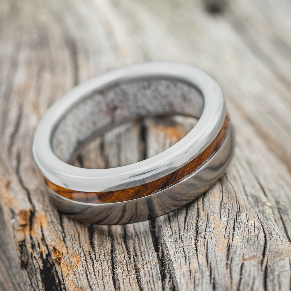 "VERTIGO" - IRONWOOD WEDDING RING WITH ANTLER LINED BAND-4