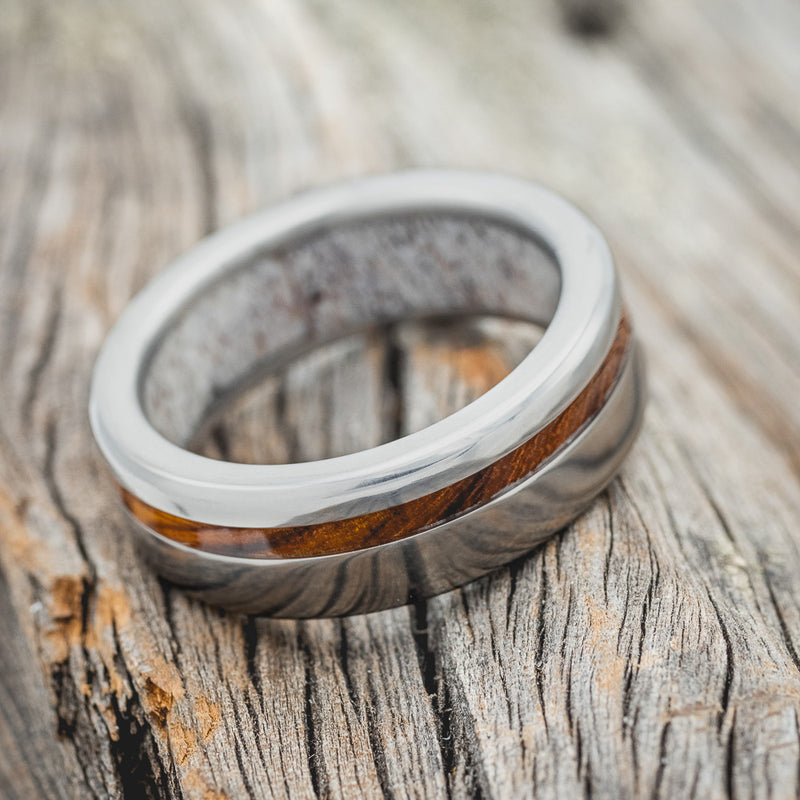 "VERTIGO" - IRONWOOD WEDDING RING WITH ANTLER LINED BAND - READY TO SHIP-4