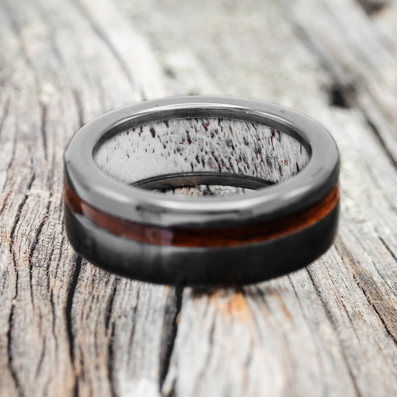 "VERTIGO" - IRONWOOD WEDDING RING WITH ANTLER LINED BAND-15