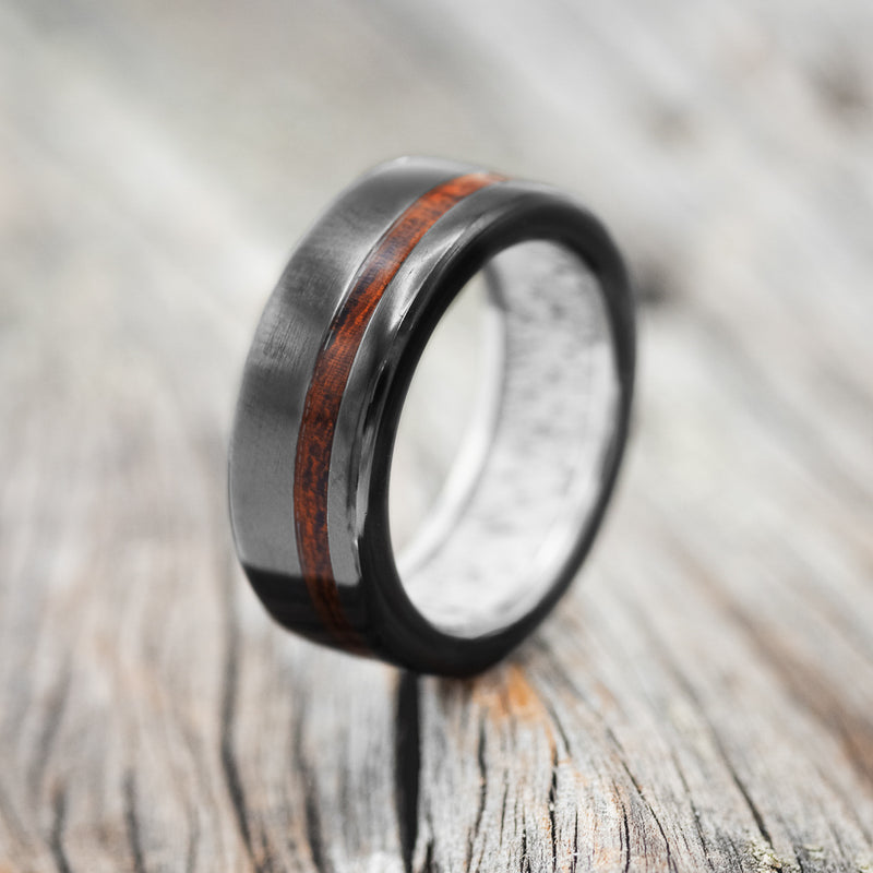 "VERTIGO" - IRONWOOD WEDDING RING WITH ANTLER LINED BAND - READY TO SHIP-8