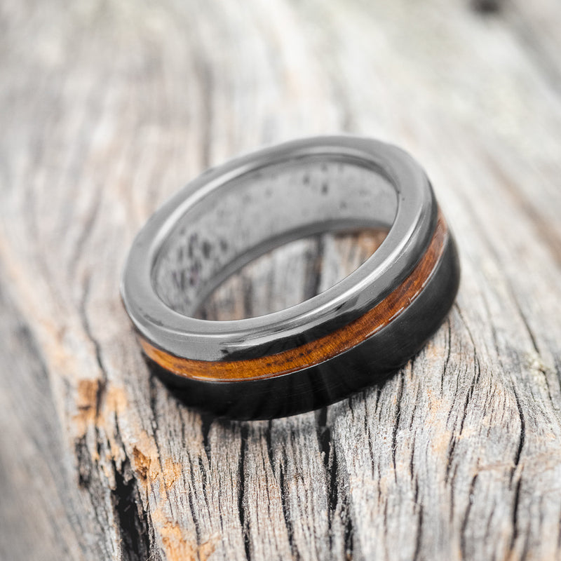 "VERTIGO" - IRONWOOD WEDDING RING WITH ANTLER LINED BAND - READY TO SHIP-12