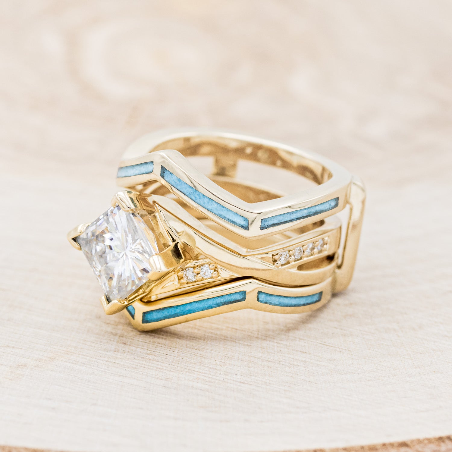 "LINA" - PRINCESS CUT MOISSANITE ENGAGEMENT RING WITH TURQUOISE RING GUARD-3
