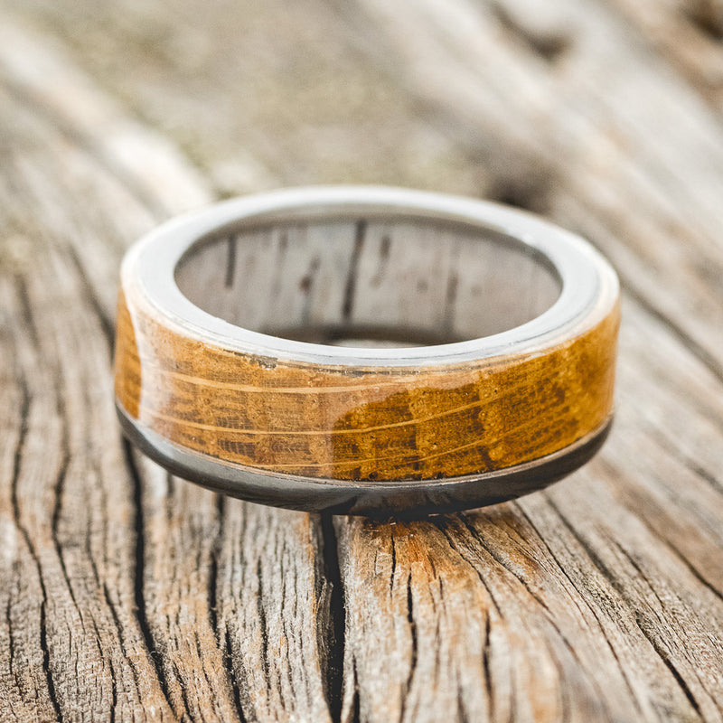 "EZRA" - WHISKEY BARREL OAK WEDDING RING FEATURING AN ANTLER LINED BAND - BLACK ZIRCONIUM - SIZE 8 1/2-3