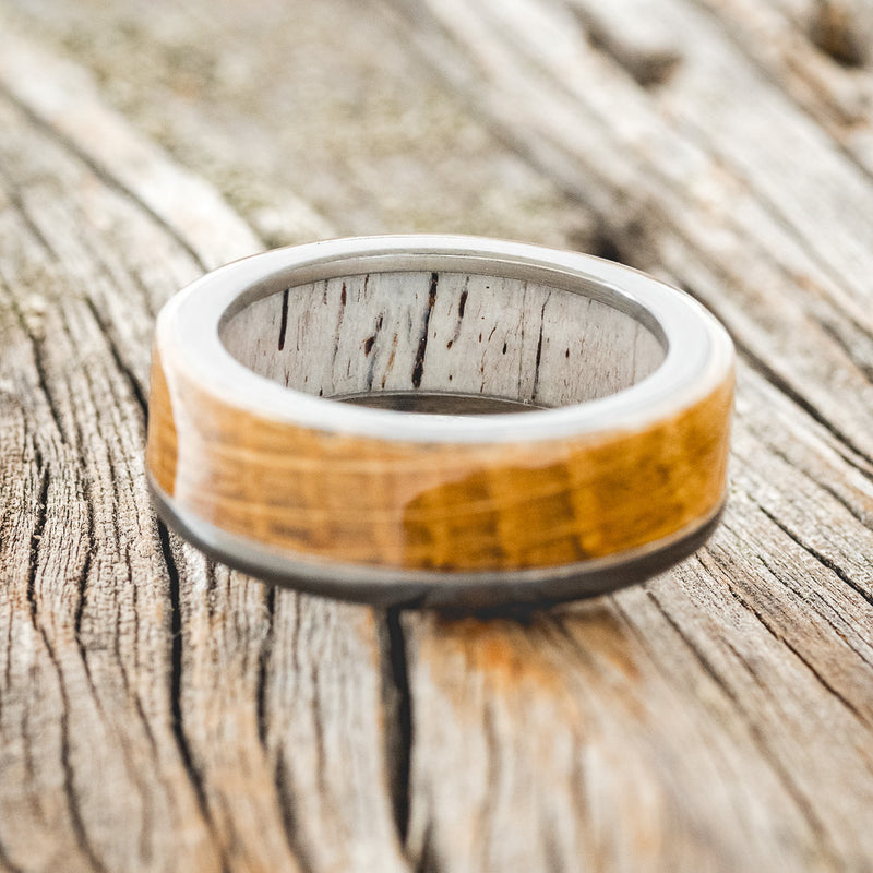 "EZRA" - WHISKEY BARREL OAK WEDDING RING FEATURING AN ANTLER LINED BAND - READY TO SHIP-15